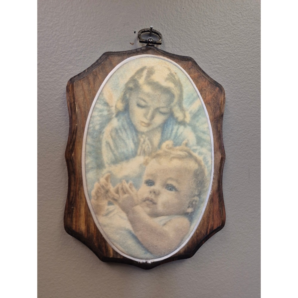 Vintage Madonna Child Wood Wall Plaque Virgin Mary Baby Jesus Nursery Decor Gift